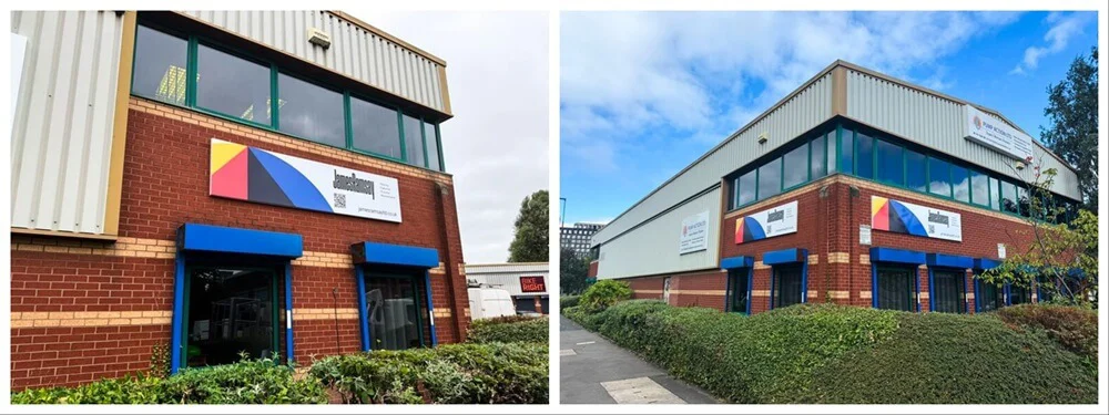 A collage of a building's exterior signage on the front and side.